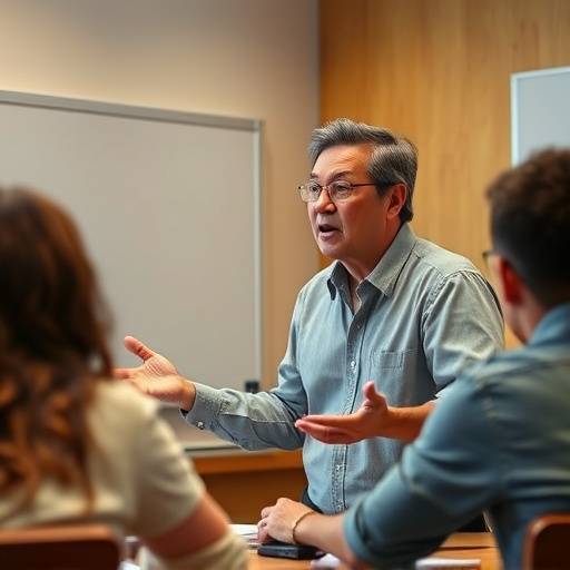 Un instructor de oratoria avanzada demostrando técnicas de persuasión a un grupo de estudiantes.