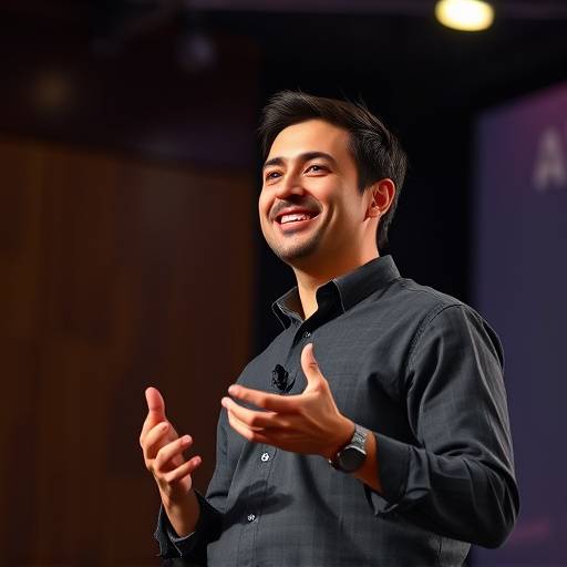 Una oradora segura y sonriente dando una presentación en un escenario.